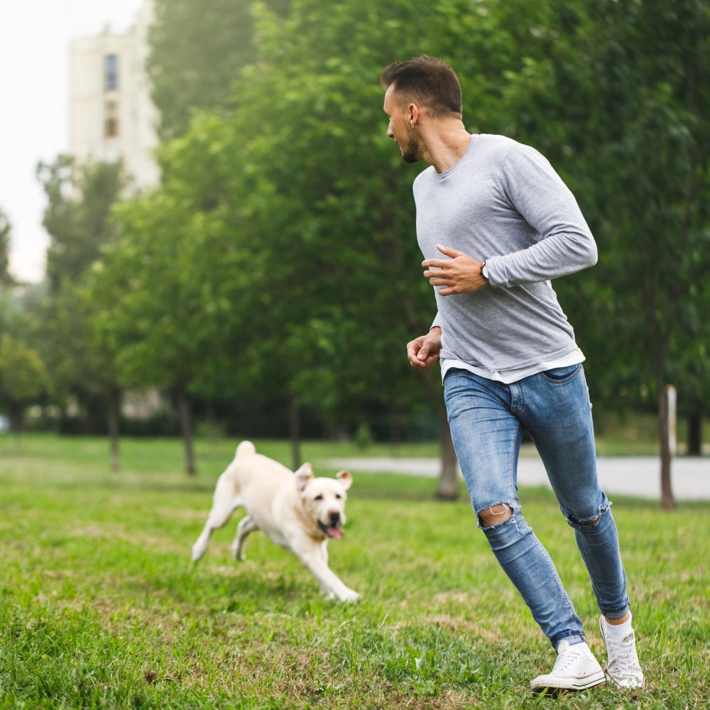 man playing with his dog in the park